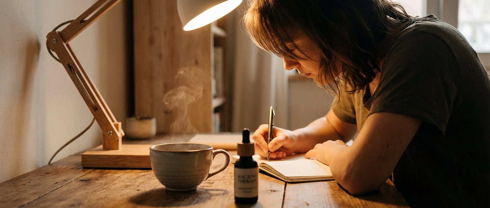 Person writing at a desk with warm evening light and Shilajit Drops on the table.
