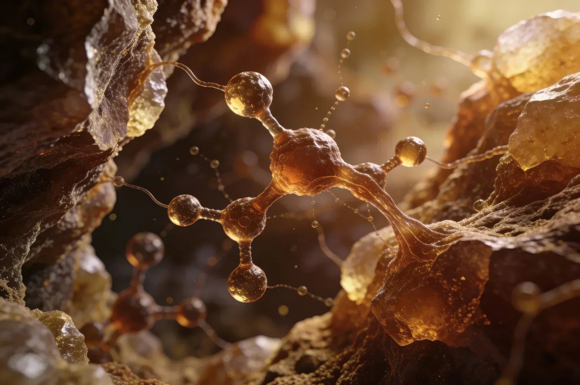 Microscopic-style illustration representing fulvic acid in a natural mineral matrix