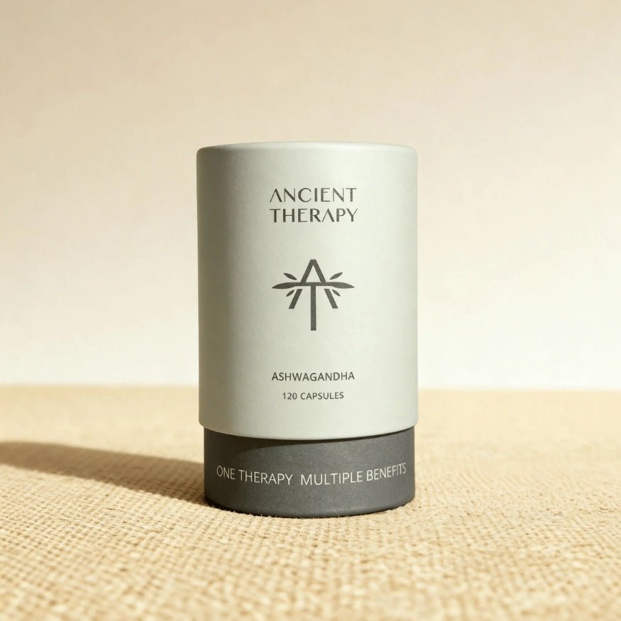 Ashwagandha 120 Capsules canister in natural light – Ancient Therapy, organic herbal supplement