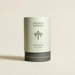 Ashwagandha 120 Capsules canister in natural light – Ancient Therapy, organic herbal supplement