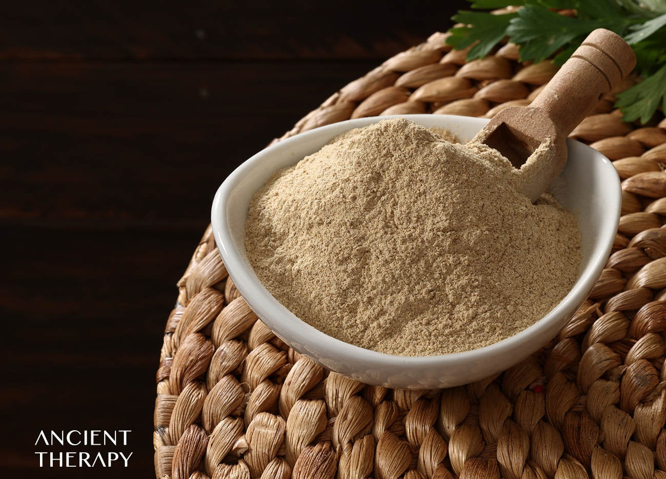 Ashwagandha root powder in a bowl