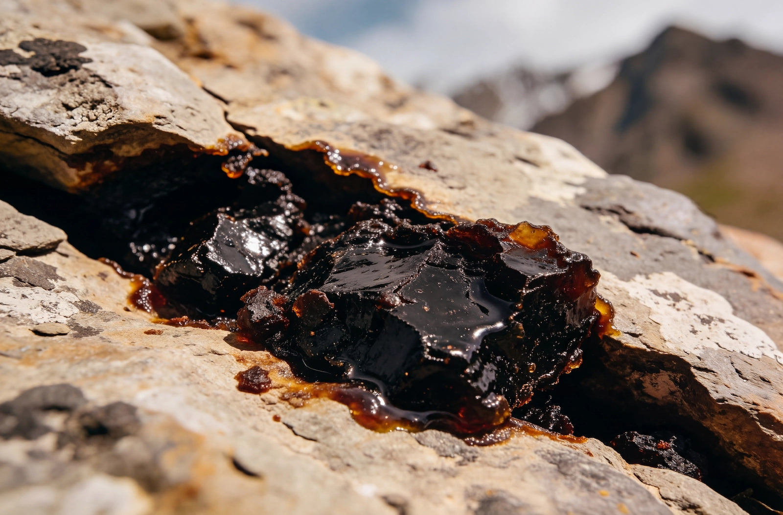 Närbild av rå shilajit-harts med glansig yta