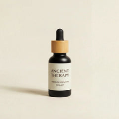 Shilajit Drops on light beige background – Ancient Therapy, certified organic adaptogen