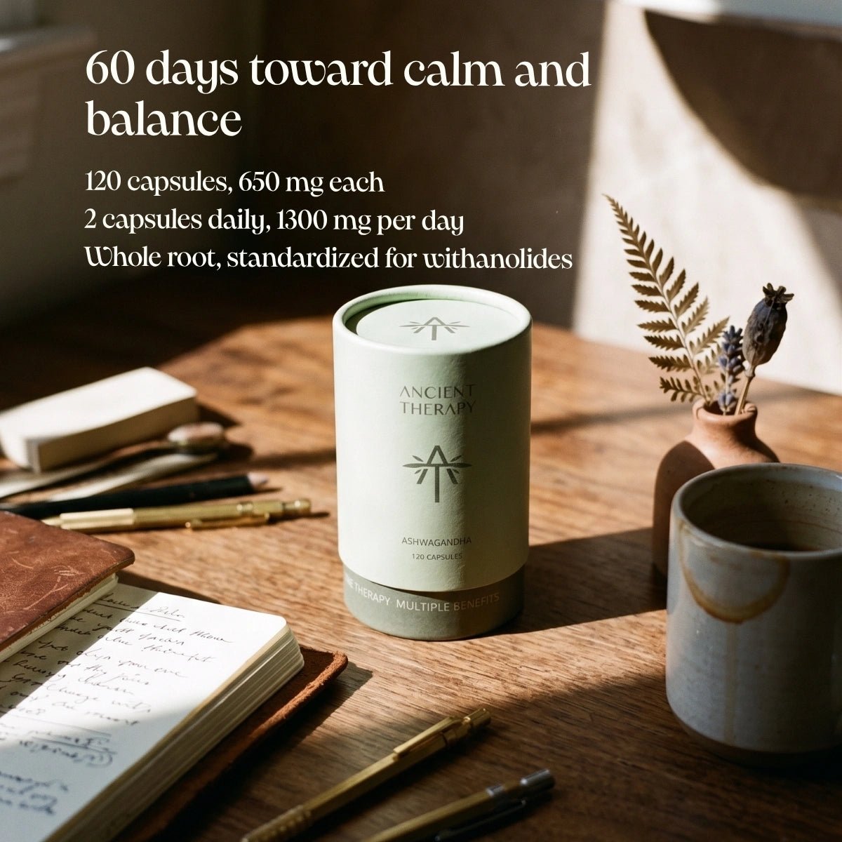 Ashwagandha-rötter, pulver och Ancient Therapy-kapslar med doseringsinformation