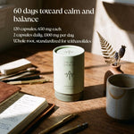 Ashwagandha-rötter, pulver och Ancient Therapy-kapslar med doseringsinformation