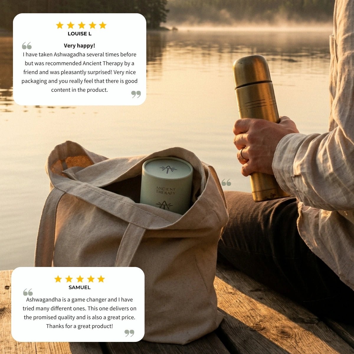 Ancient Therapy Ashwagandha i en tygkasse vid en dimmig sjö med kundrecensioner