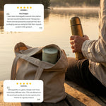 Ancient Therapy Ashwagandha i en tygkasse vid en dimmig sjö med kundrecensioner