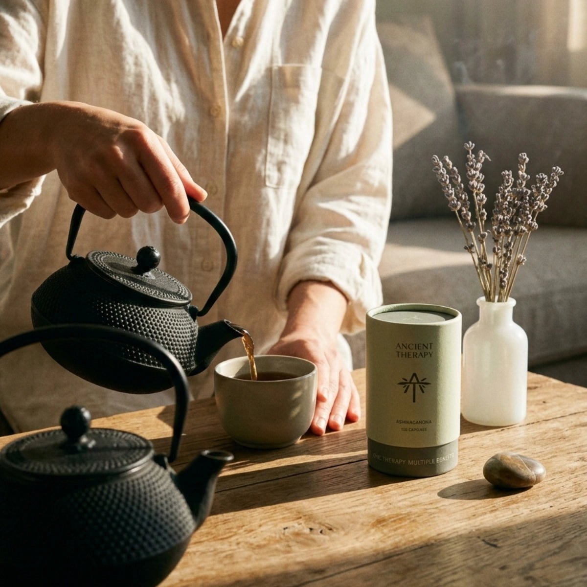 Ancient Therapy Ashwagandha-burk på ett träbord under en lugn te-ritual