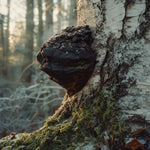 Vild Chaga-svamp som växer på en björk i nordlig skog