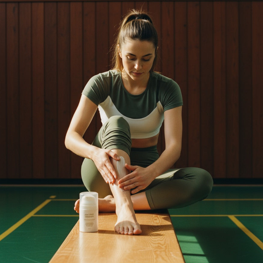 Woman applying Pain Relief Cream to lower leg – Ancient Therapy
