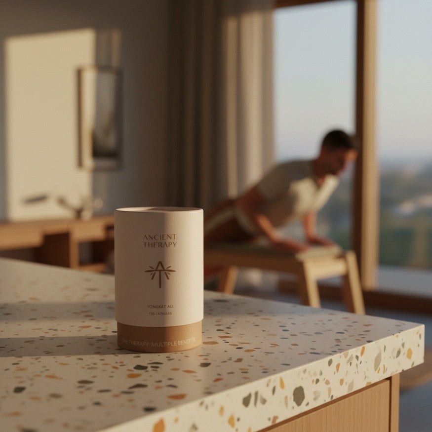 Tongkat Ali 120 Capsules canister in warm indoor light – Ancient Therapy
